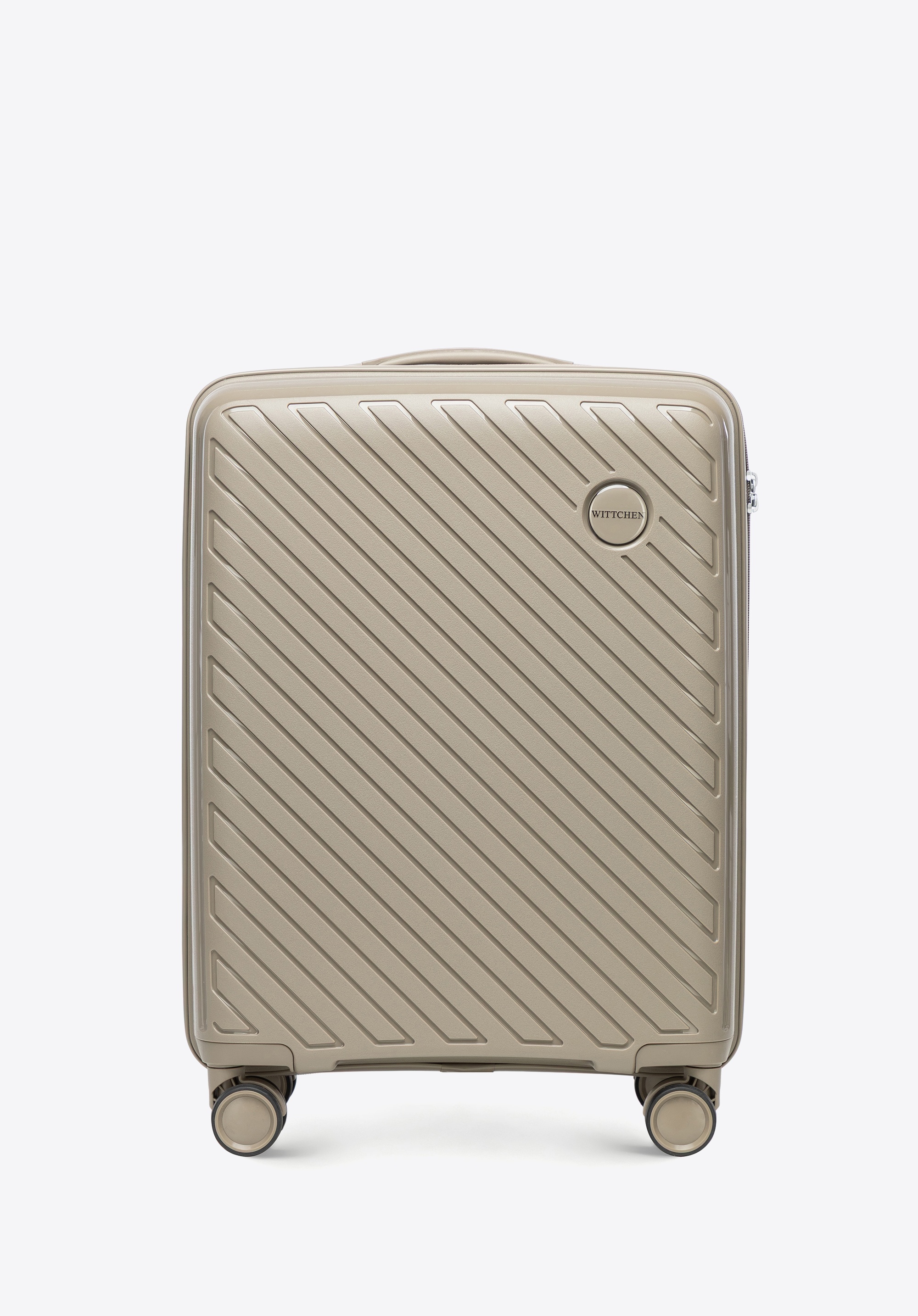 Small polypropylene suitcase with embossed stripes, dark beige, 56-3T-201-86, Photo 1