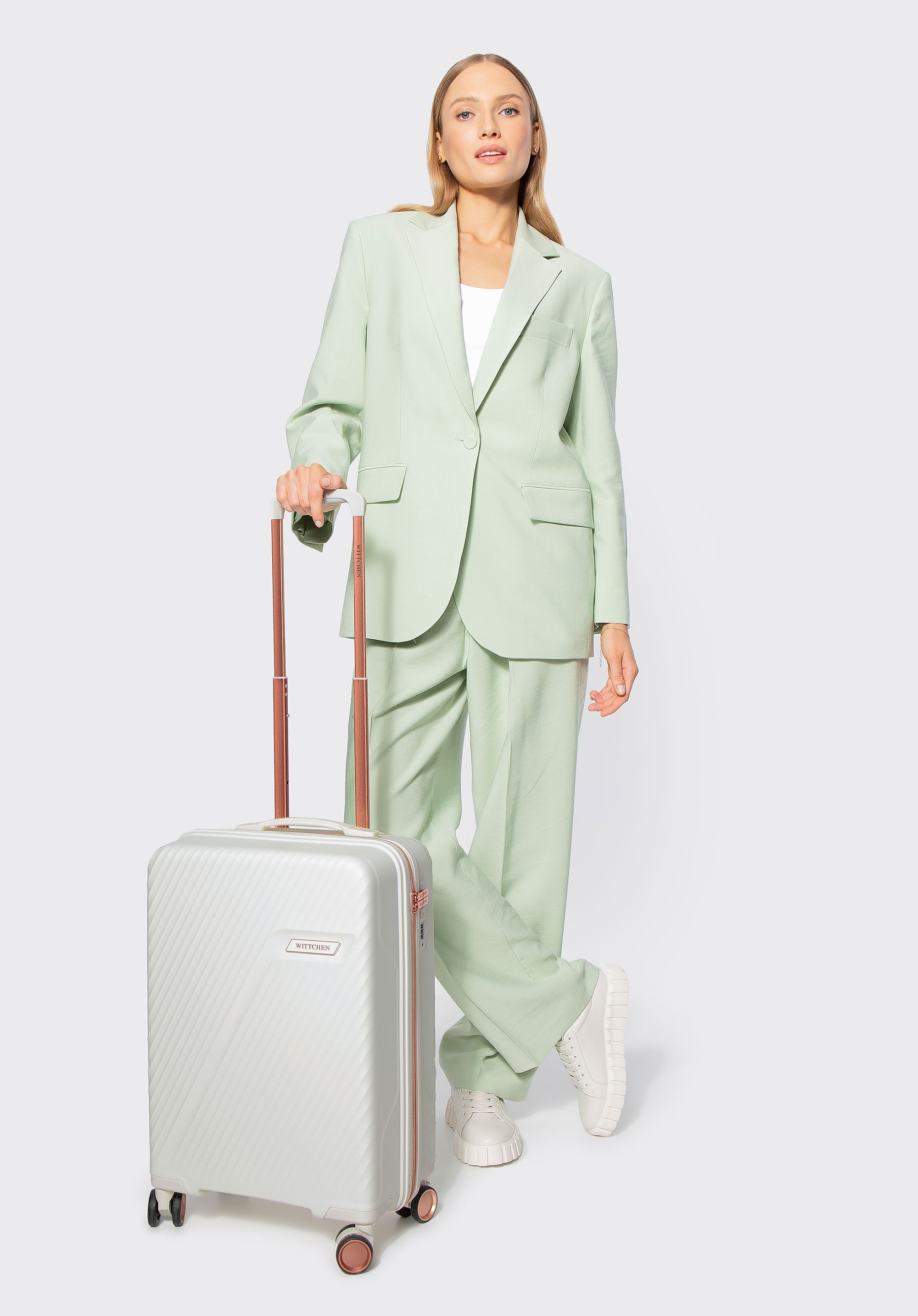 Small polypropylene suitcase with diagonal pattern, cream-gold, 56-3T-501-89G, Photo 1