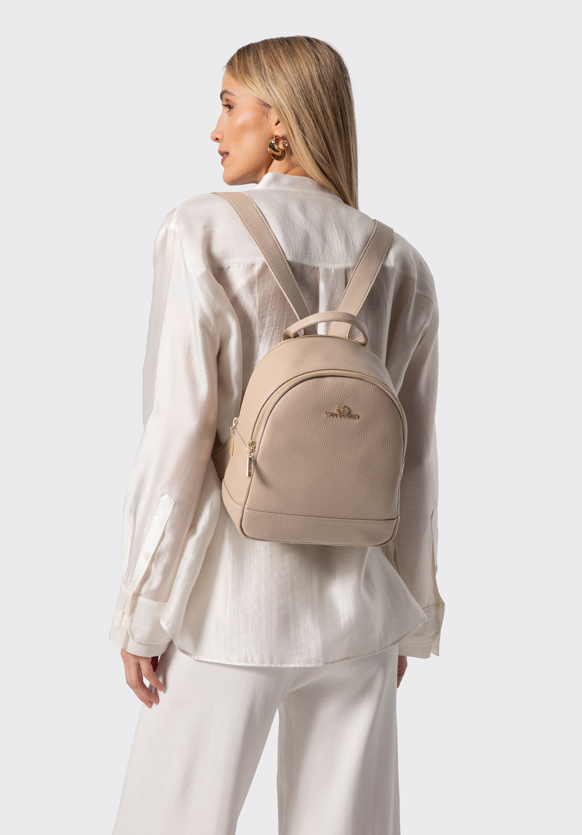 Mały plecak damski ze skóry naturalnej groszkowej, beżowy, 102-4E-624-9, Zdjęcie 1