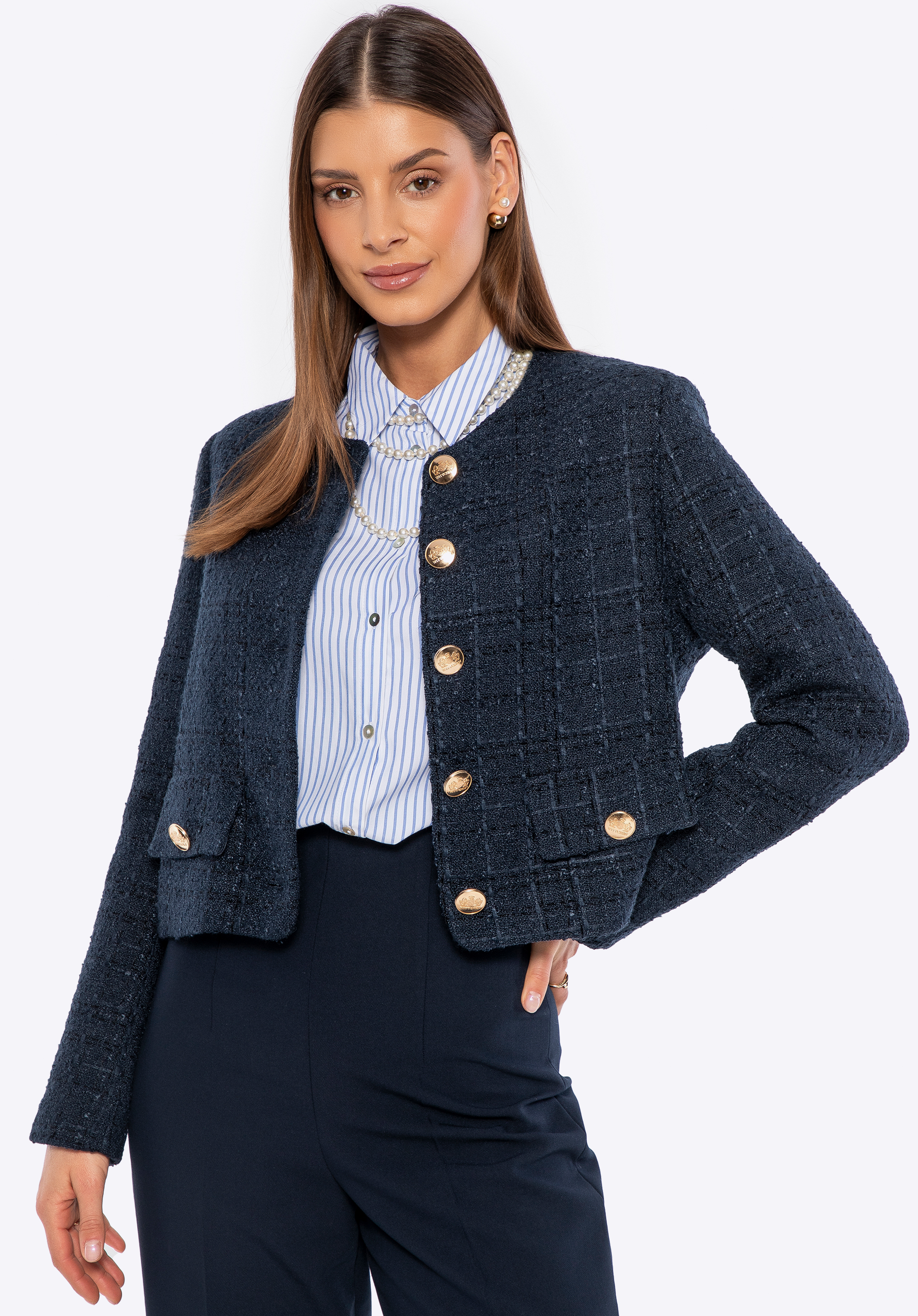 Damska marynarka z tkaniny boucle krótka, granatowy, 100-9X-501-N-M, Zdjęcie 1