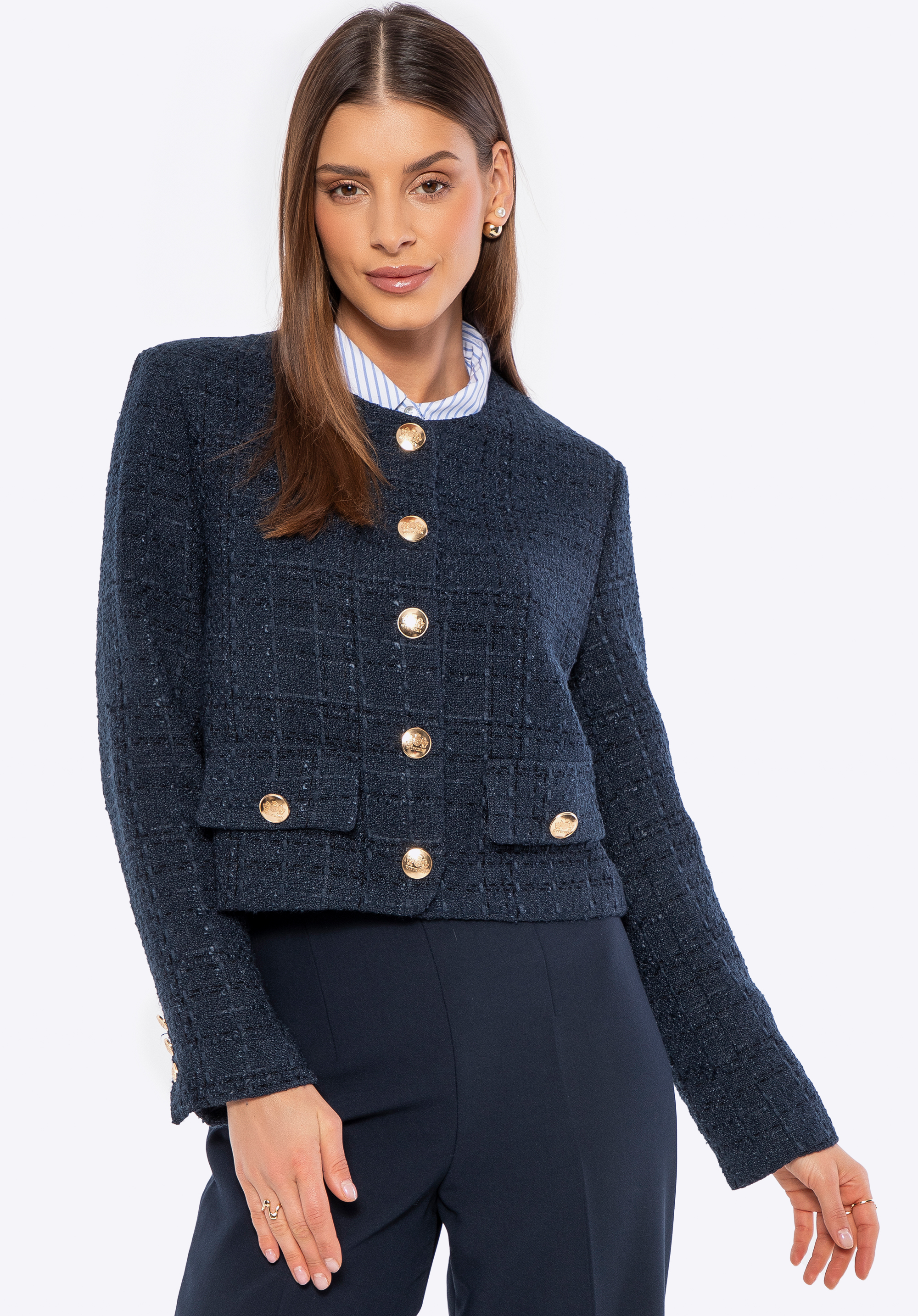 Damska marynarka z tkaniny boucle krótka, granatowy, 100-9X-501-N-M, Zdjęcie 1
