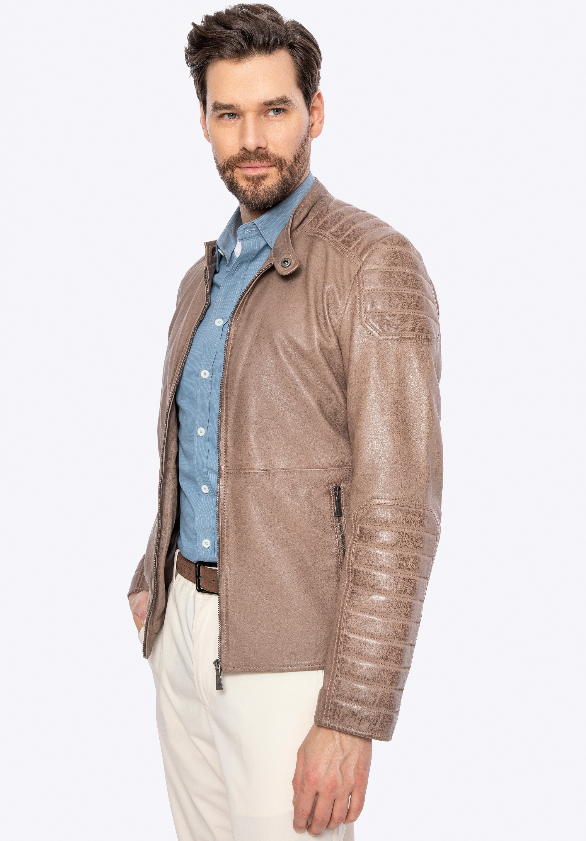 Men's leather jacket with quilted panels, beige, 100-09-410-9-XL, Photo 1
