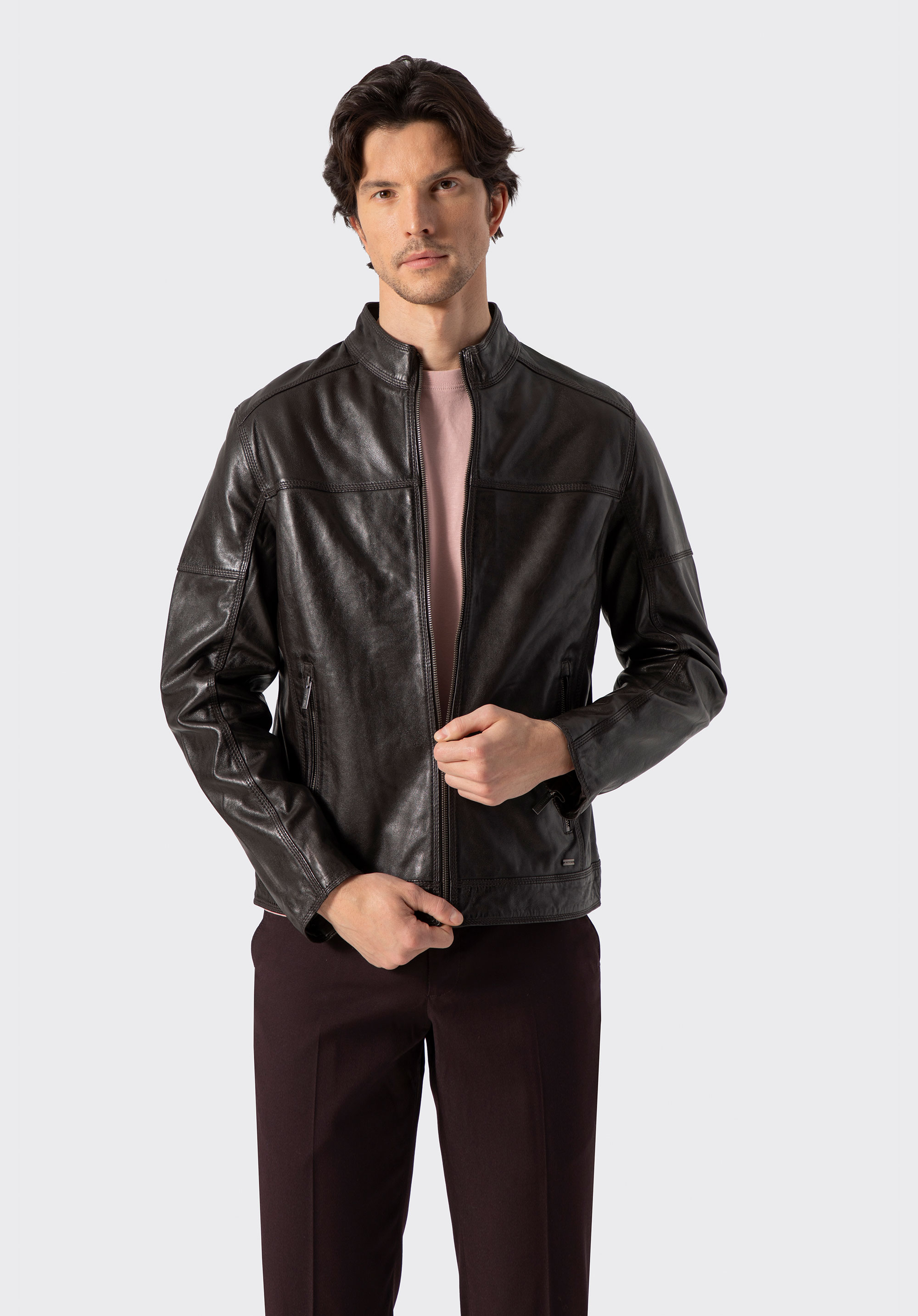 Men's leather biker jacket, dark brown, 100-09-807-4-2XL, Photo 1