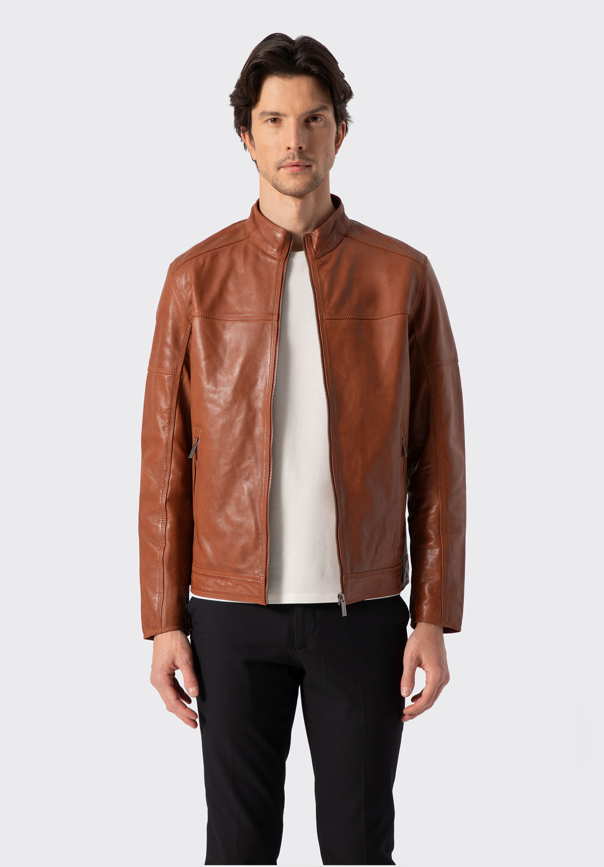 Men's leather biker jacket, light brown, 100-09-807-5-S, Photo 1