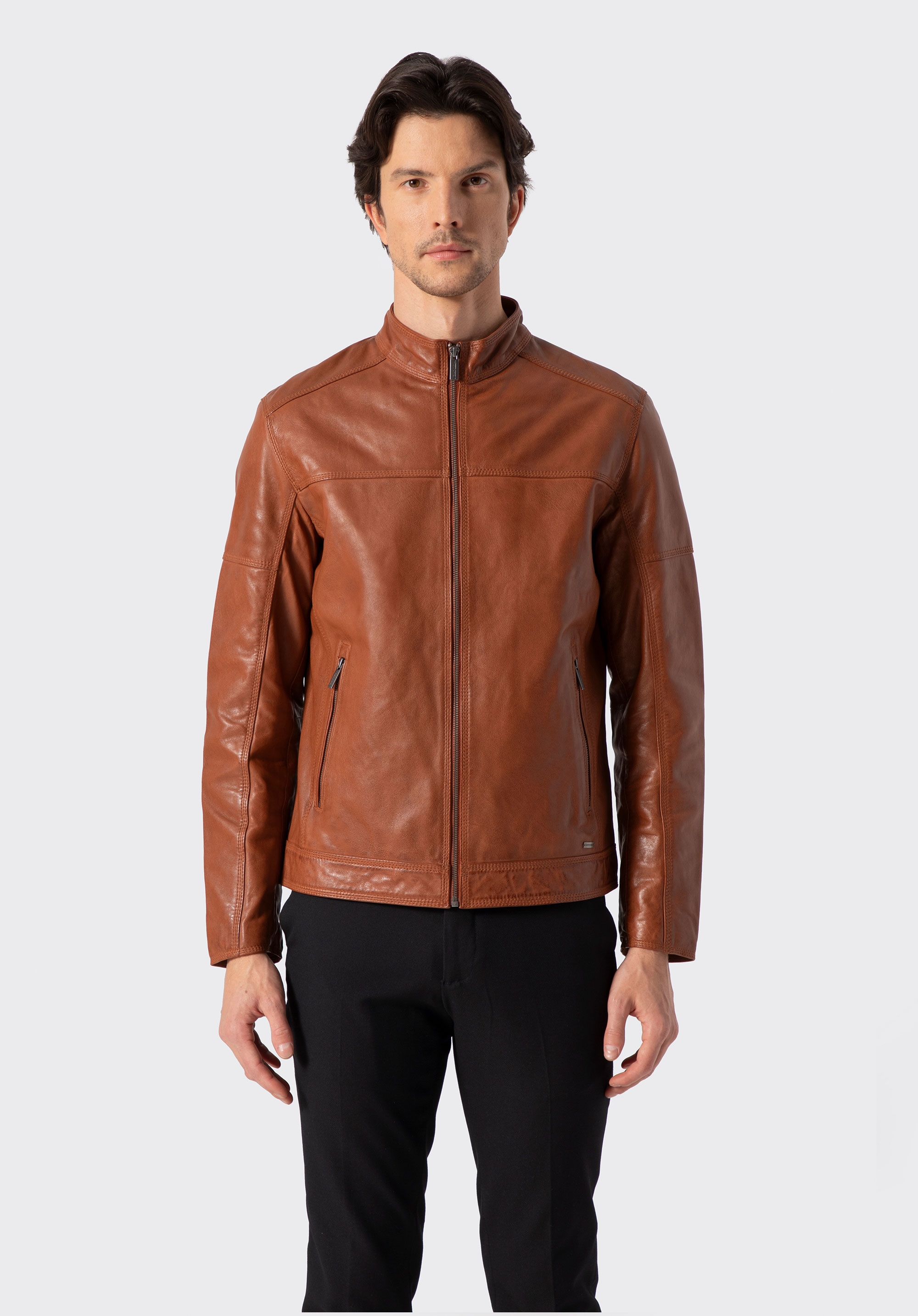 Men's leather biker jacket, light brown, 100-09-807-5-S, Photo 1