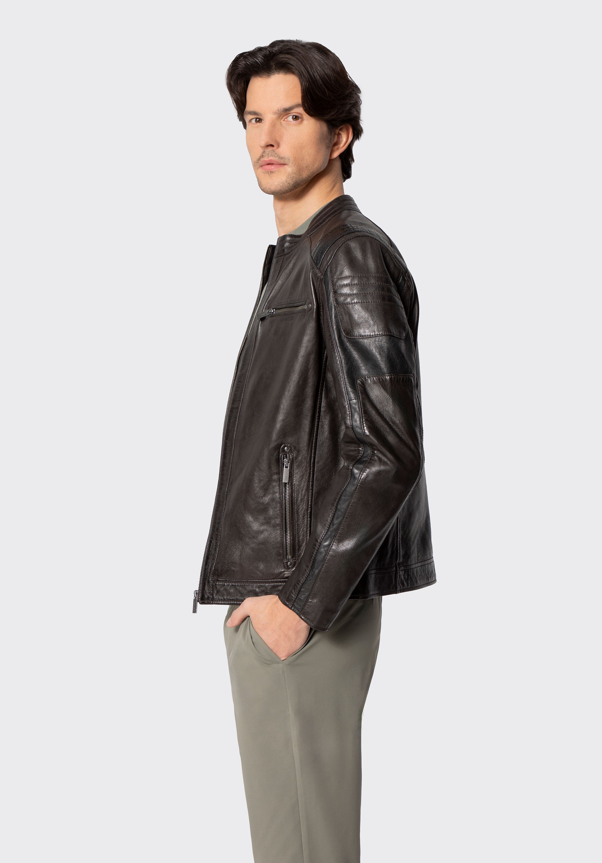 Men's leather biker jacket, dark brown, 100-09-809-4-XL, Photo 1