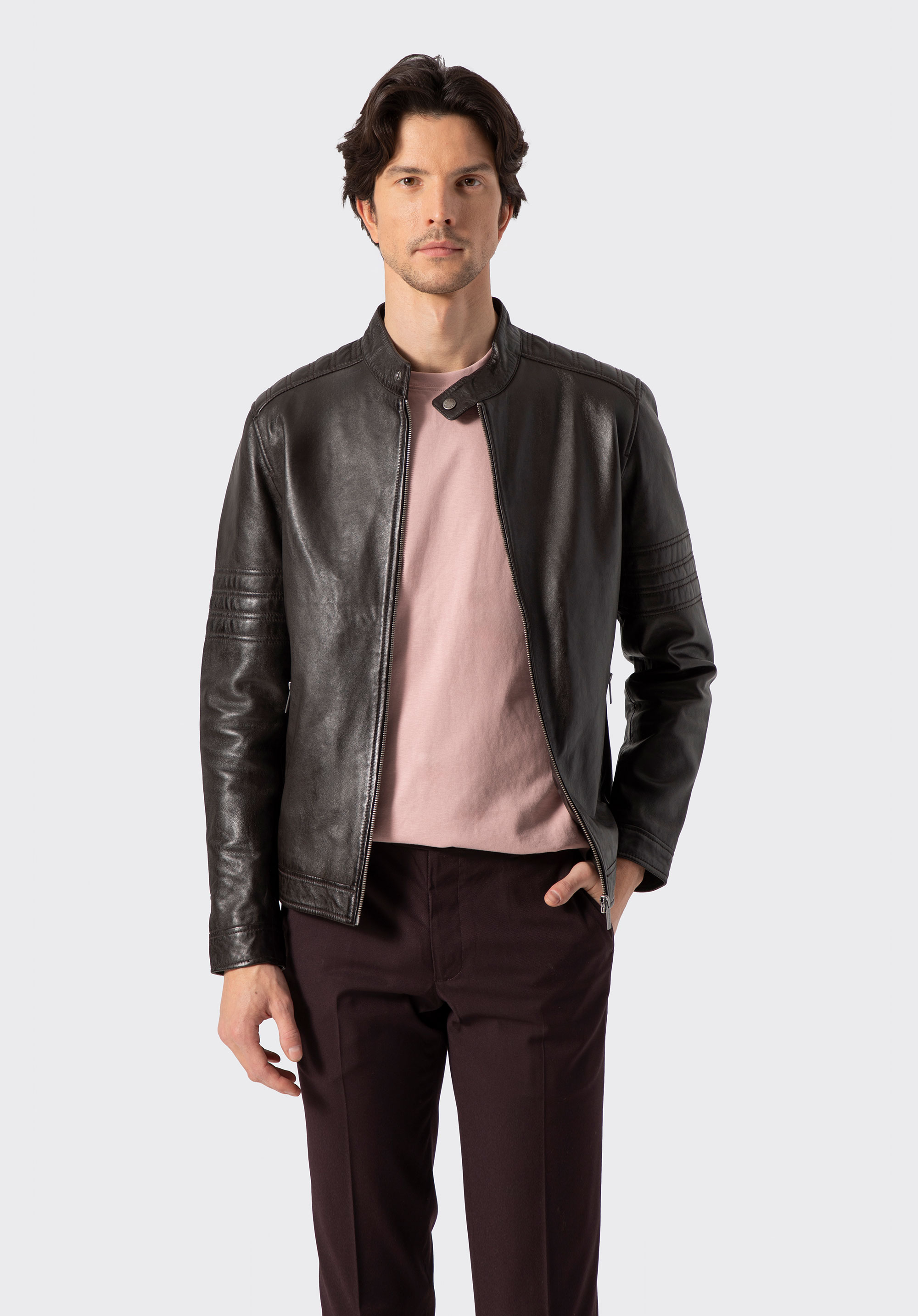 Men's leather biker jacket with quilted panels, dark brown, 100-09-808-4-2XL, Photo 1