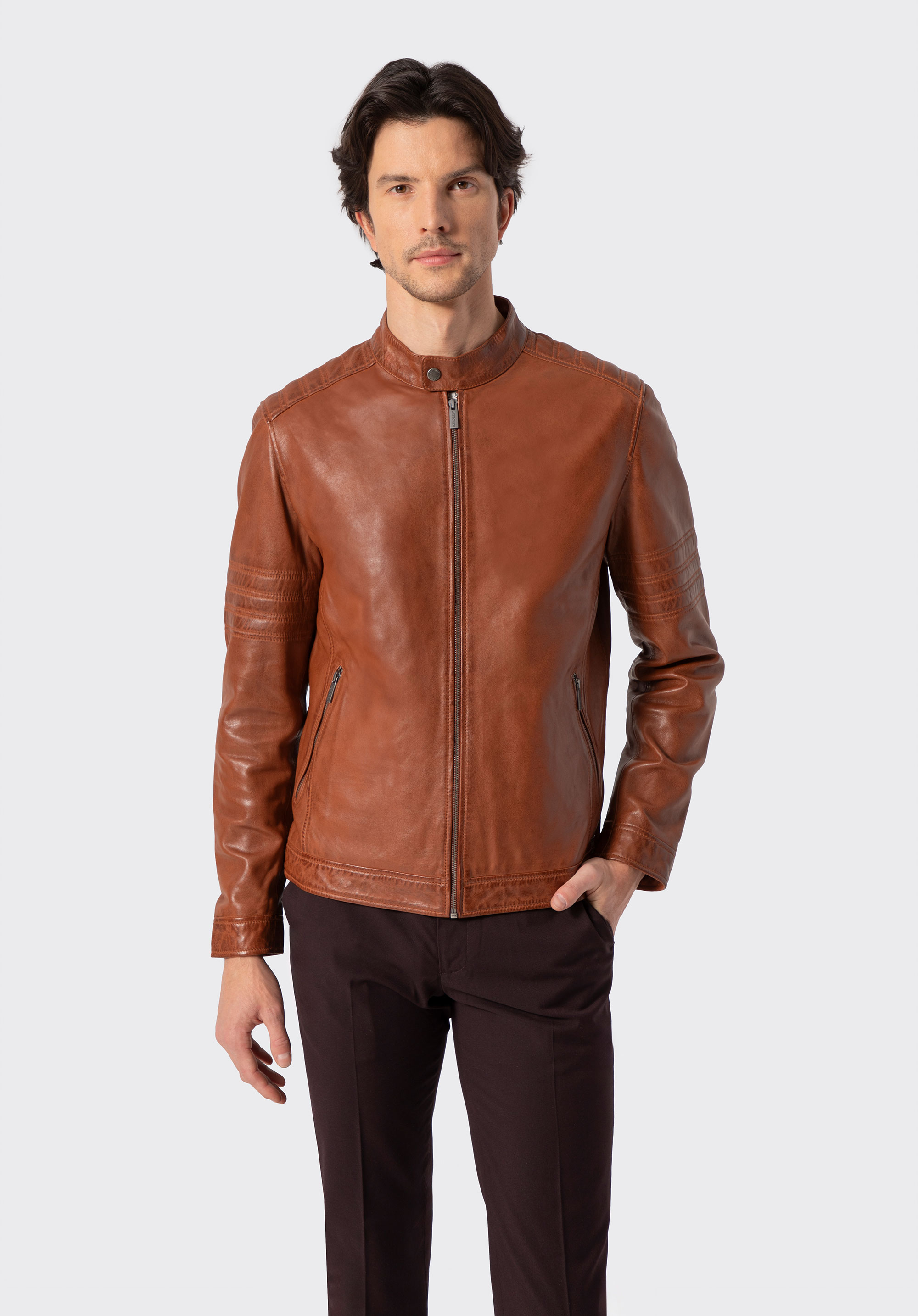 Men's leather biker jacket with quilted panels, light brown, 100-09-808-5-2XL, Photo 1