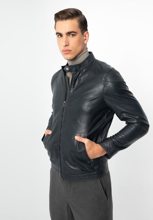 Men's leather jacket, navy blue, 97-09-250-1-M, Photo 2