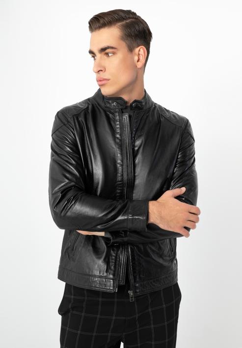 Męska kurtka skórzana z obszytymi ramionami, czarny, 97-09-250-N-XL, Zdjęcie 3