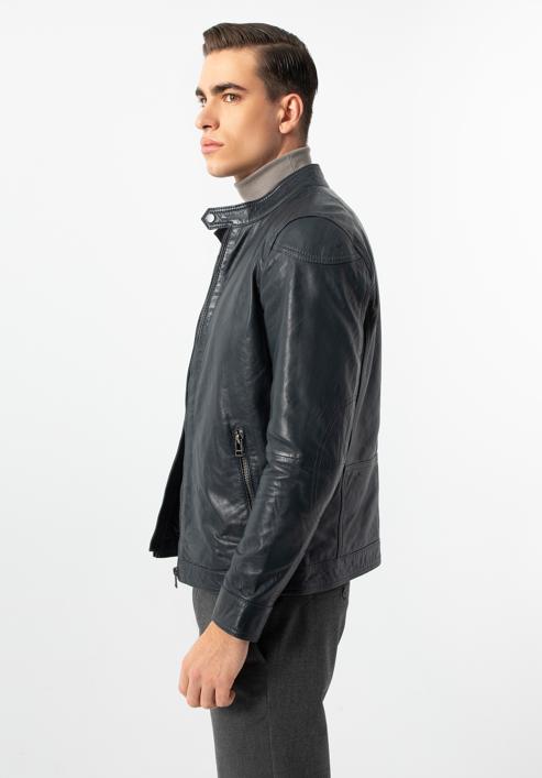 Men's leather jacket, navy blue, 97-09-250-N-S, Photo 3