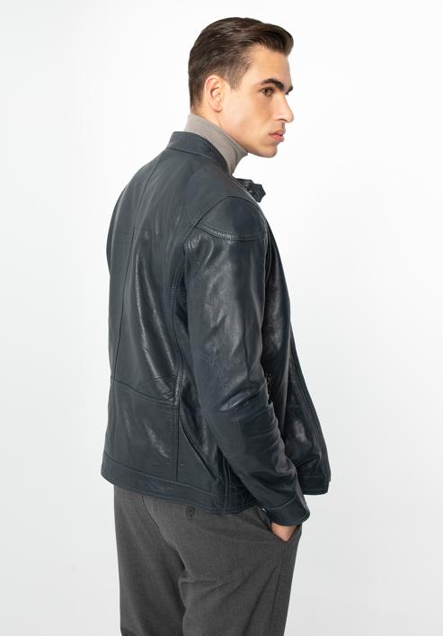 Men's leather jacket, navy blue, 97-09-250-N-S, Photo 4