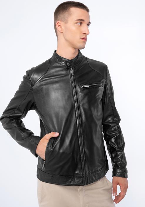 Men's leather racer jacket, black, 97-09-856-Z-M, Photo 1