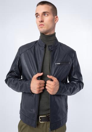 Men's leather racer jacket, navy blue, 97-09-856-N-L, Photo 1