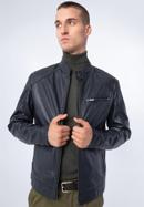 Men's leather racer jacket, navy blue, 97-09-856-1-L, Photo 1