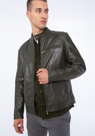 Men's leather racer jacket, green, 97-09-856-Z-M, Photo 1