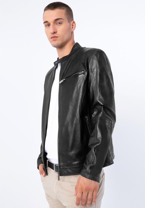 Men's leather racer jacket, black, 97-09-856-Z-M, Photo 2