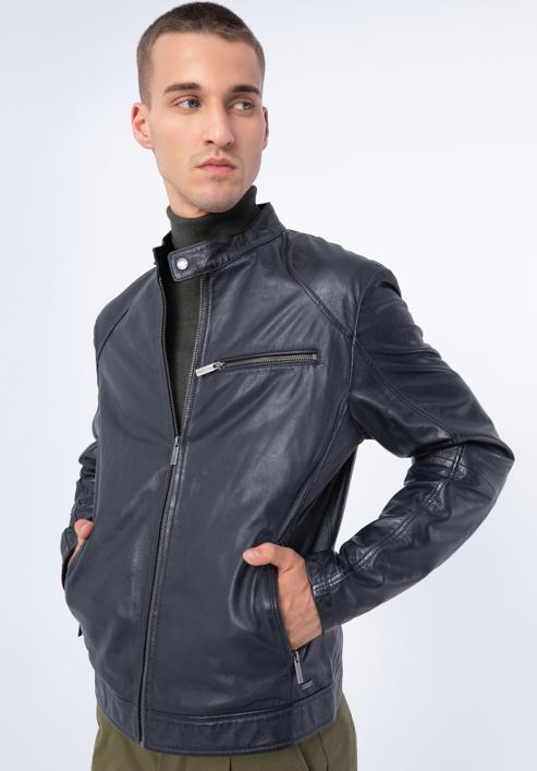 Men's leather racer jacket, navy blue, 97-09-856-1-XL, Photo 2