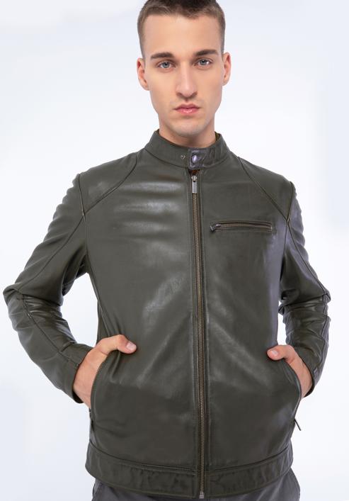 Men's leather racer jacket, green, 97-09-856-1-L, Photo 2