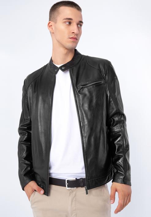 Men's leather racer jacket, black, 97-09-856-1-XL, Photo 3