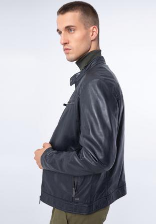 Men's leather racer jacket, navy blue, 97-09-856-N-L, Photo 1