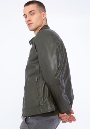 Men's leather racer jacket, green, 97-09-856-Z-S, Photo 1