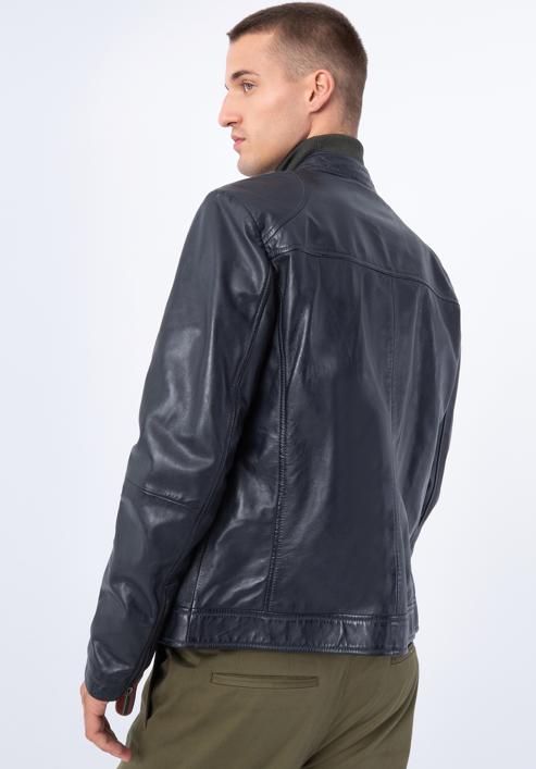 Men's leather racer jacket, navy blue, 97-09-856-Z-XL, Photo 4
