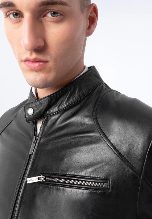 Men's leather racer jacket, ebony, 97-09-856-Z-M, Photo 5