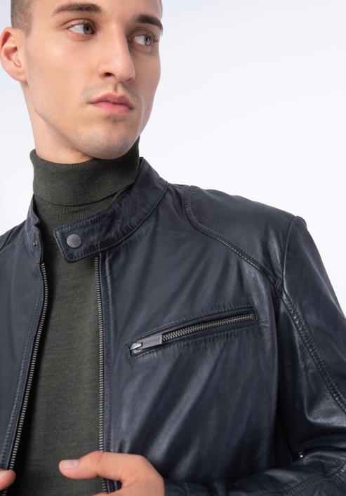 Men's leather racer jacket, navy blue, 97-09-856-N-XL, Photo 5