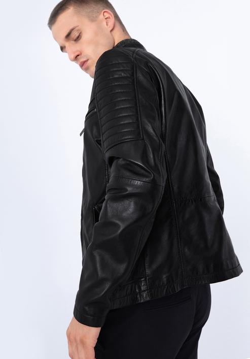 Men's leather racer jacket, ebony, 97-09-850-1-M, Photo 17
