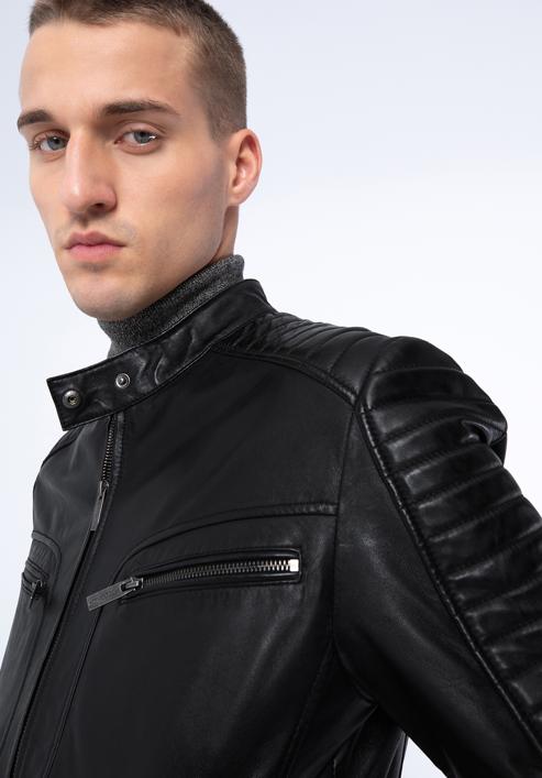 Men's leather racer jacket, ebony, 97-09-850-1-M, Photo 20