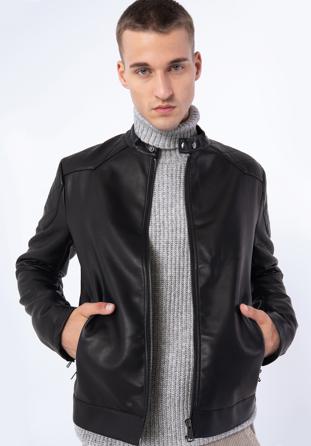 Męska kurtka z ekoskóry z pikowaniem na ramionach, czarny, 97-9P-155-1-L, Zdjęcie 1