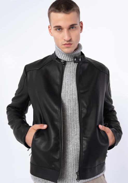 Men's faux leather racer jacket, black, 97-9P-155-4-S, Photo 1