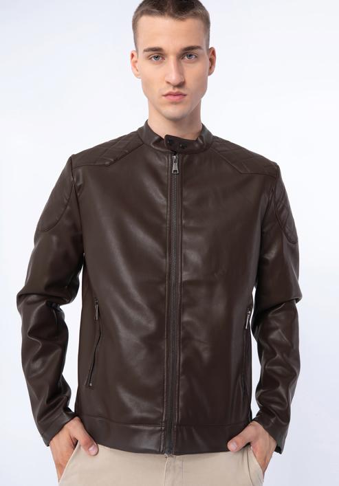 Men's faux leather racer jacket, dark brown, 97-9P-155-1-2XL, Photo 1