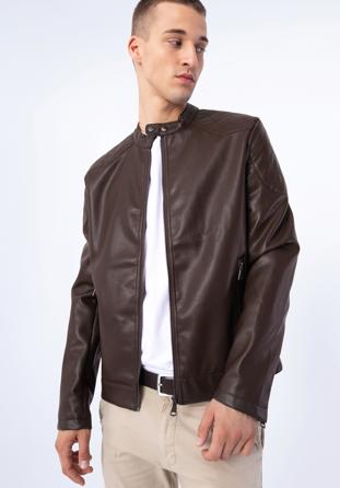 Men's faux leather racer jacket, dark brown, 97-9P-155-4-S, Photo 1