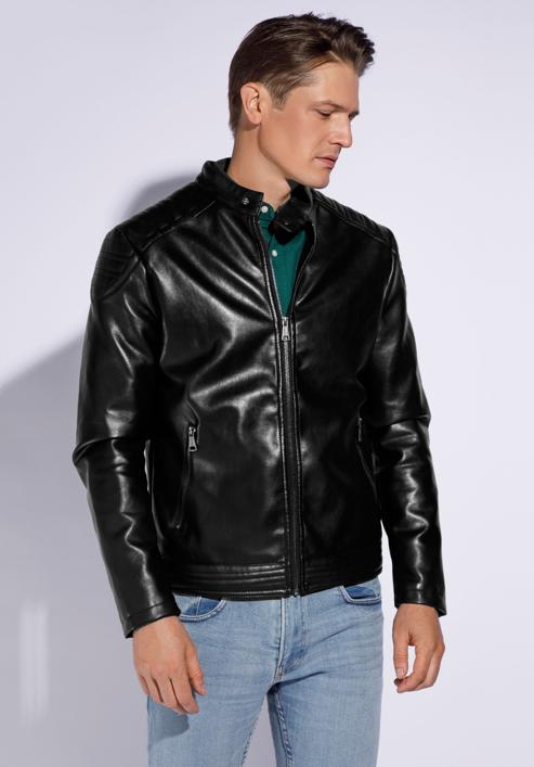 Men's faux leather jacket with quilting detail, black, 95-9P-152-1-L, Photo 2