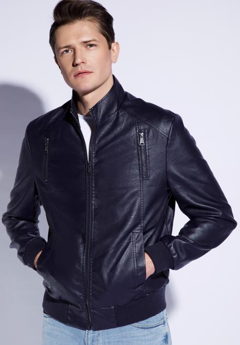 Men's faux leather jacket, navy blue, 96-9P-152-1-XL, Photo 1