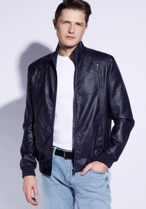 Men's faux leather jacket, navy blue, 96-9P-152-1-XL, Photo 2