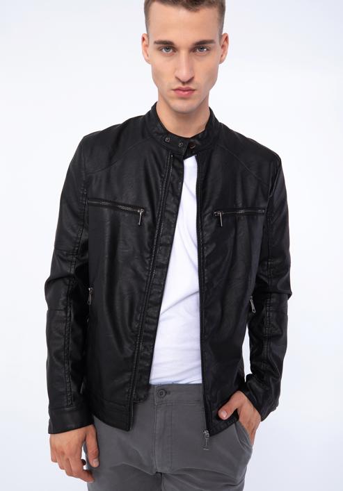 Men's faux leather jacket with short stand collar, black, 97-9P-151-1-S, Photo 16