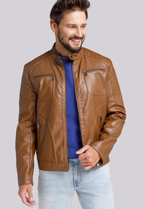 Męska kurtka z obszytymi kieszeniami, brązowy, 94-9P-153-5-M, Zdjęcie 3