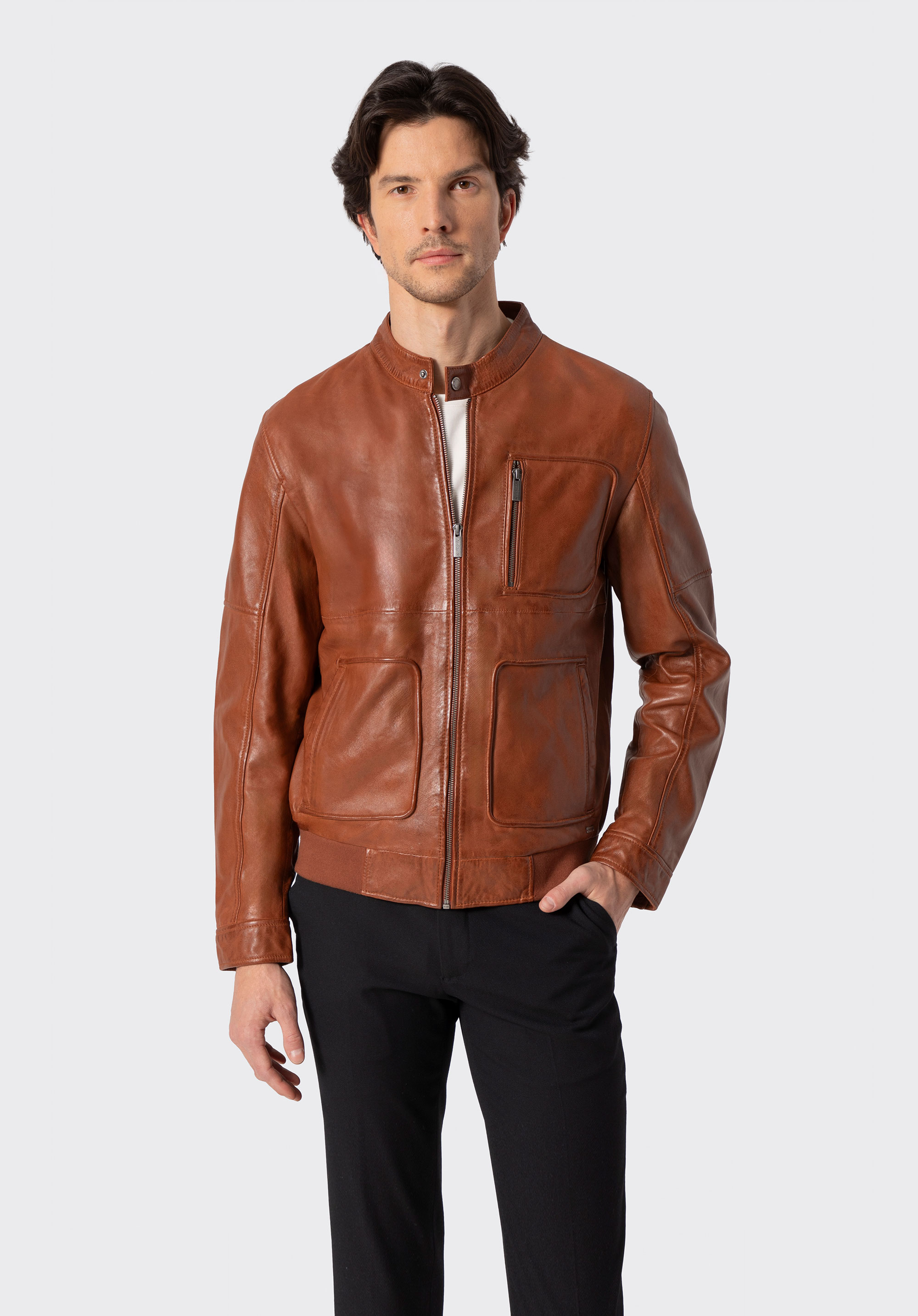 Men’s leather jacket with rectangular pockets, light brown, 100-09-810-5-XL, Photo 1