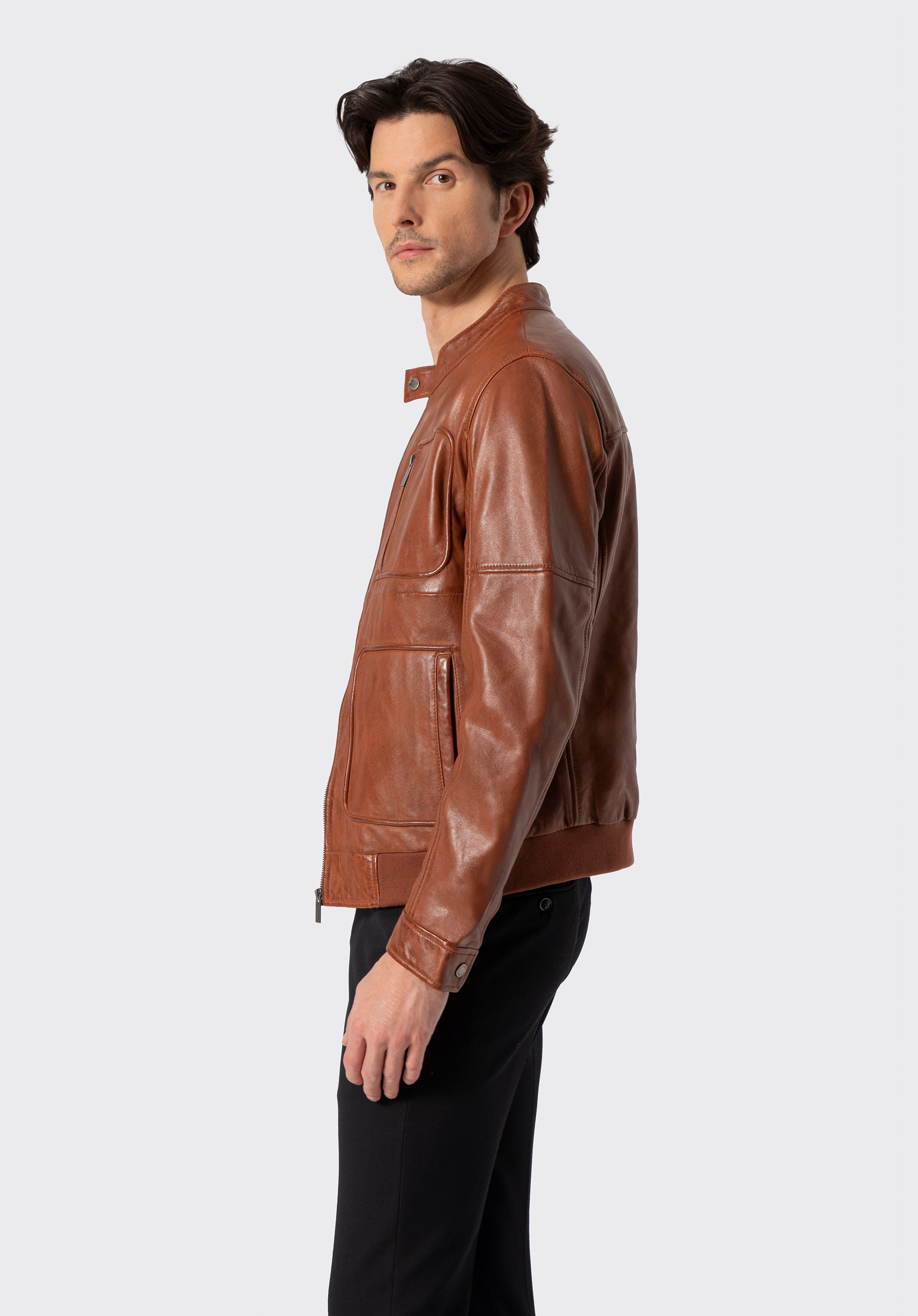 Men’s leather jacket with rectangular pockets, light brown, 100-09-810-5-XL, Photo 1