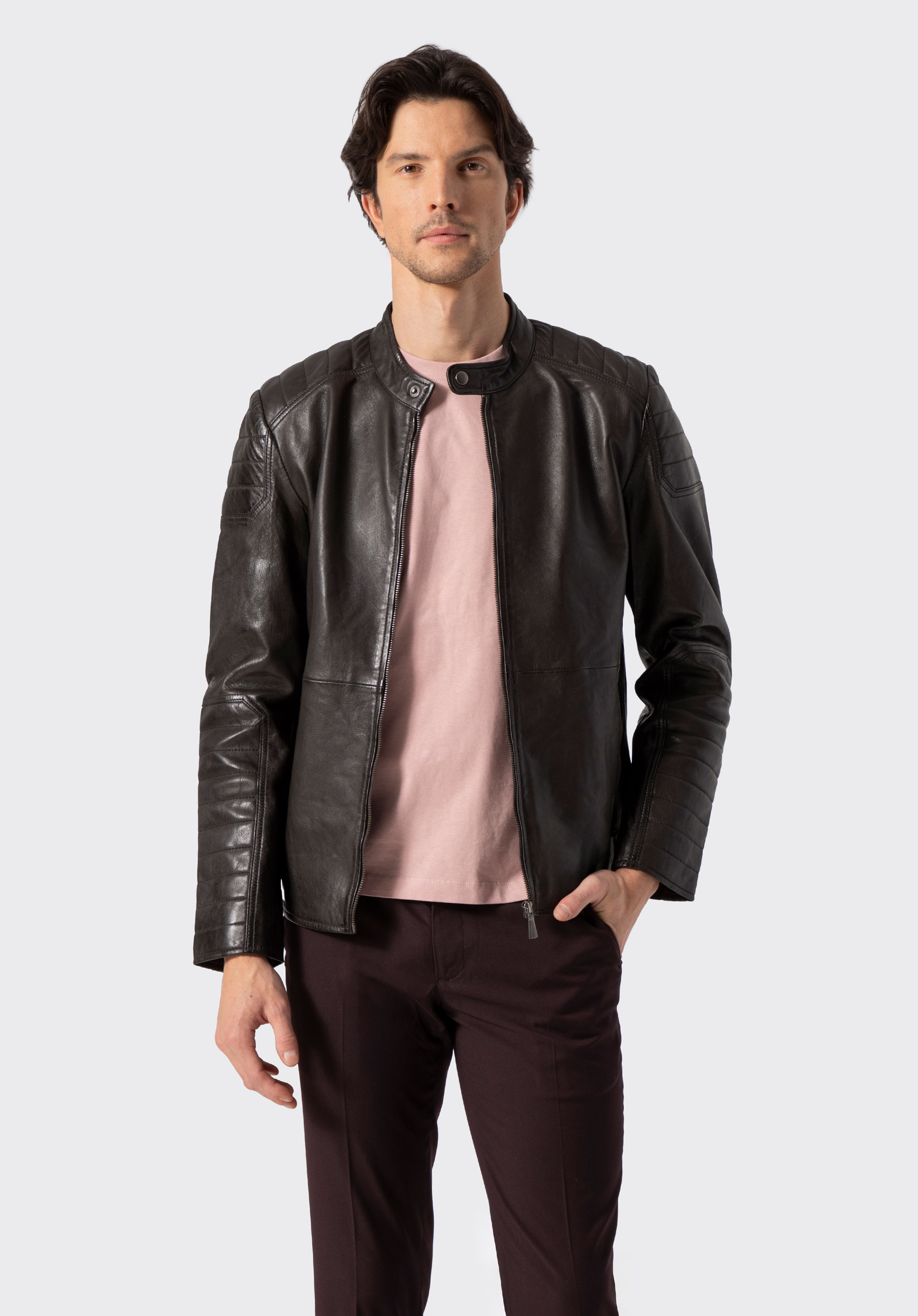 Men's leather jacket with quilted panels, dark brown, 100-09-410-4-S, Photo 1