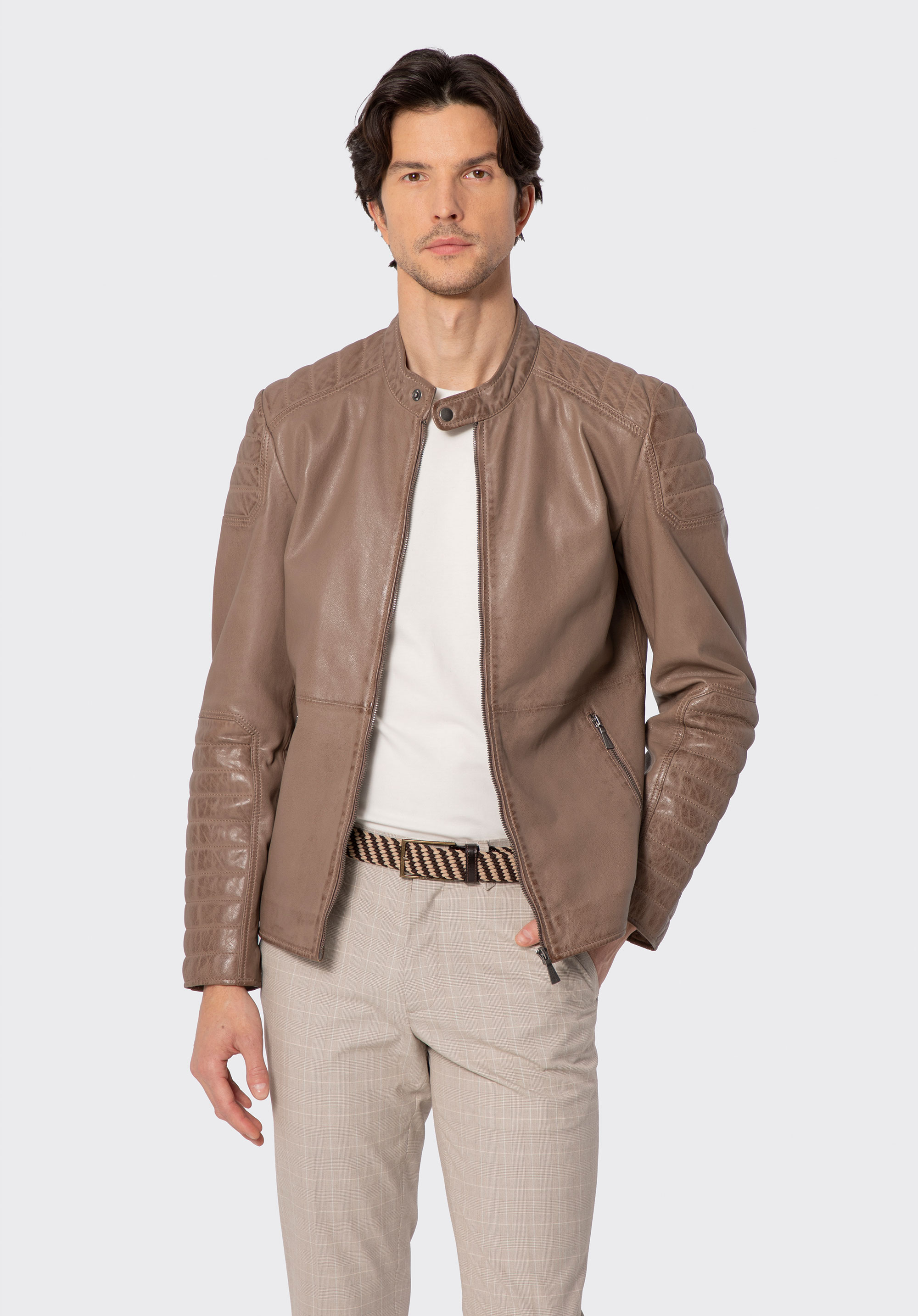 Men's leather jacket with quilted panels, beige, 100-09-410-9-2XL, Photo 1