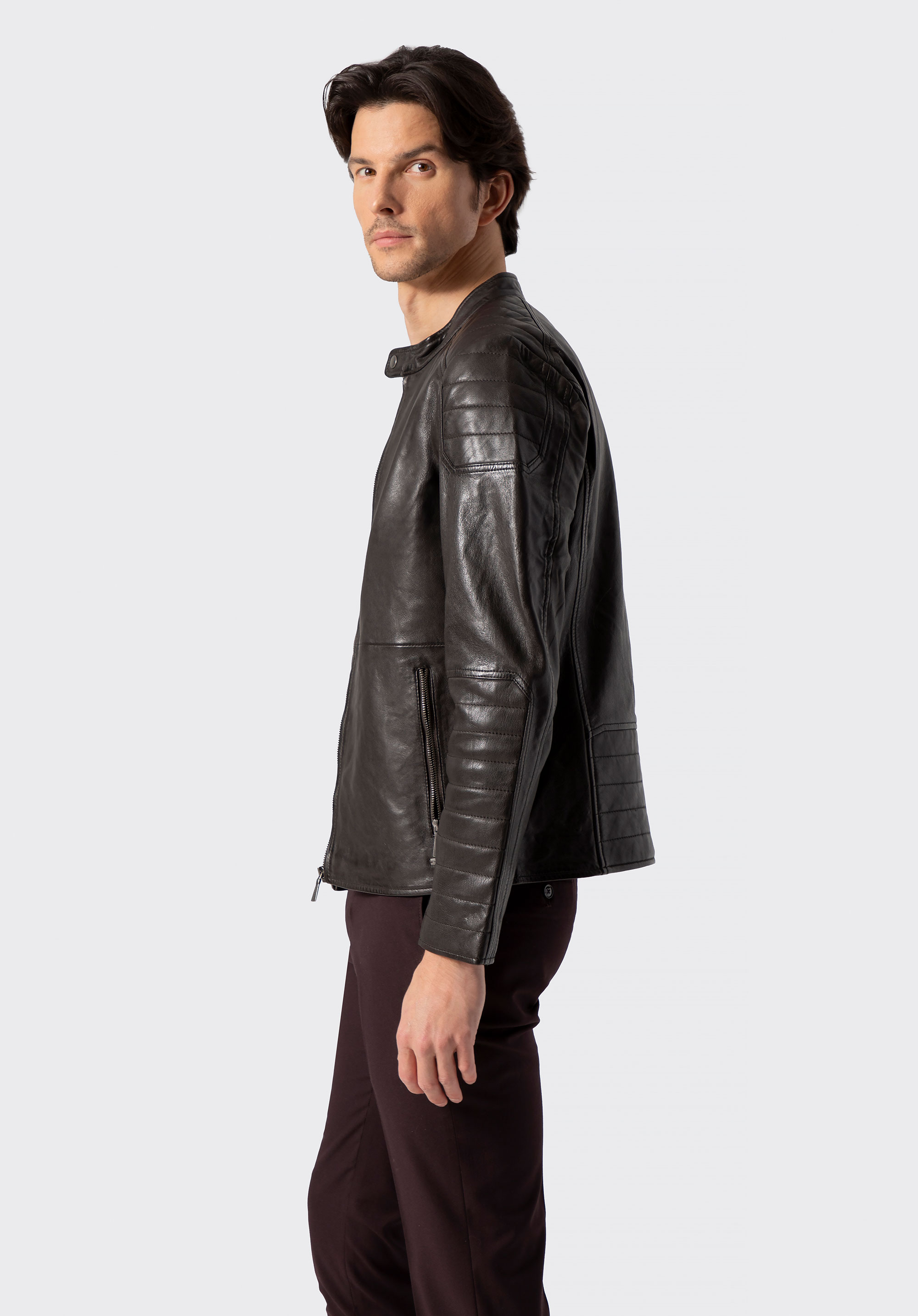 Men's leather jacket with quilted panels, dark brown, 100-09-410-4-S, Photo 1
