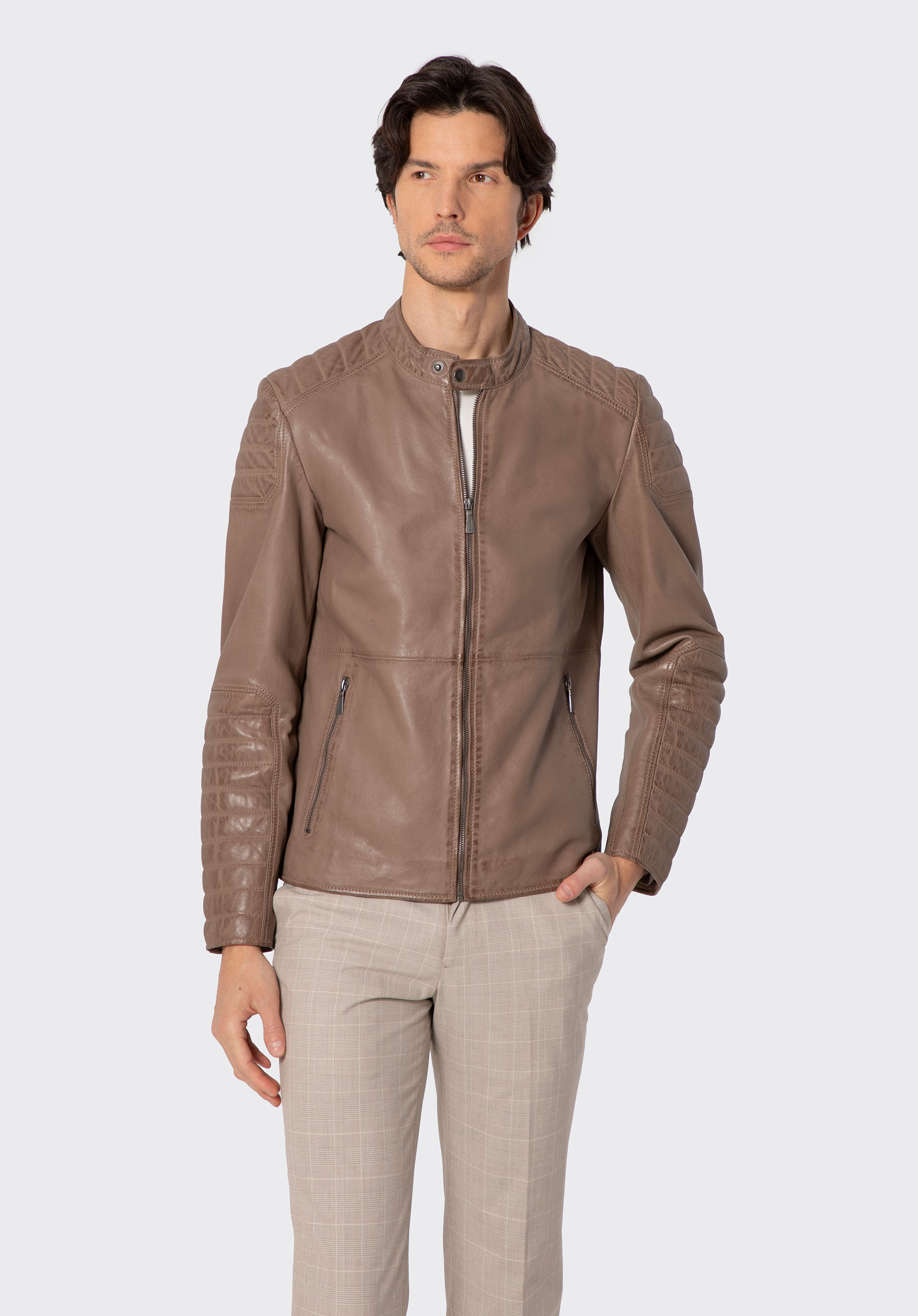 Męska kurtka ze skóry owczej z przeszyciami, beżowy, 100-09-410-9-XL, Zdjęcie 1