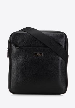 Men's leather messenger bag with a front zip pocket