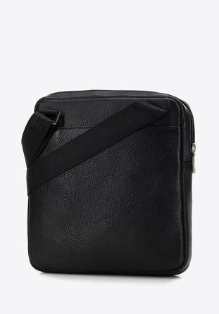 Men's leather messenger bag with a front zip pocket