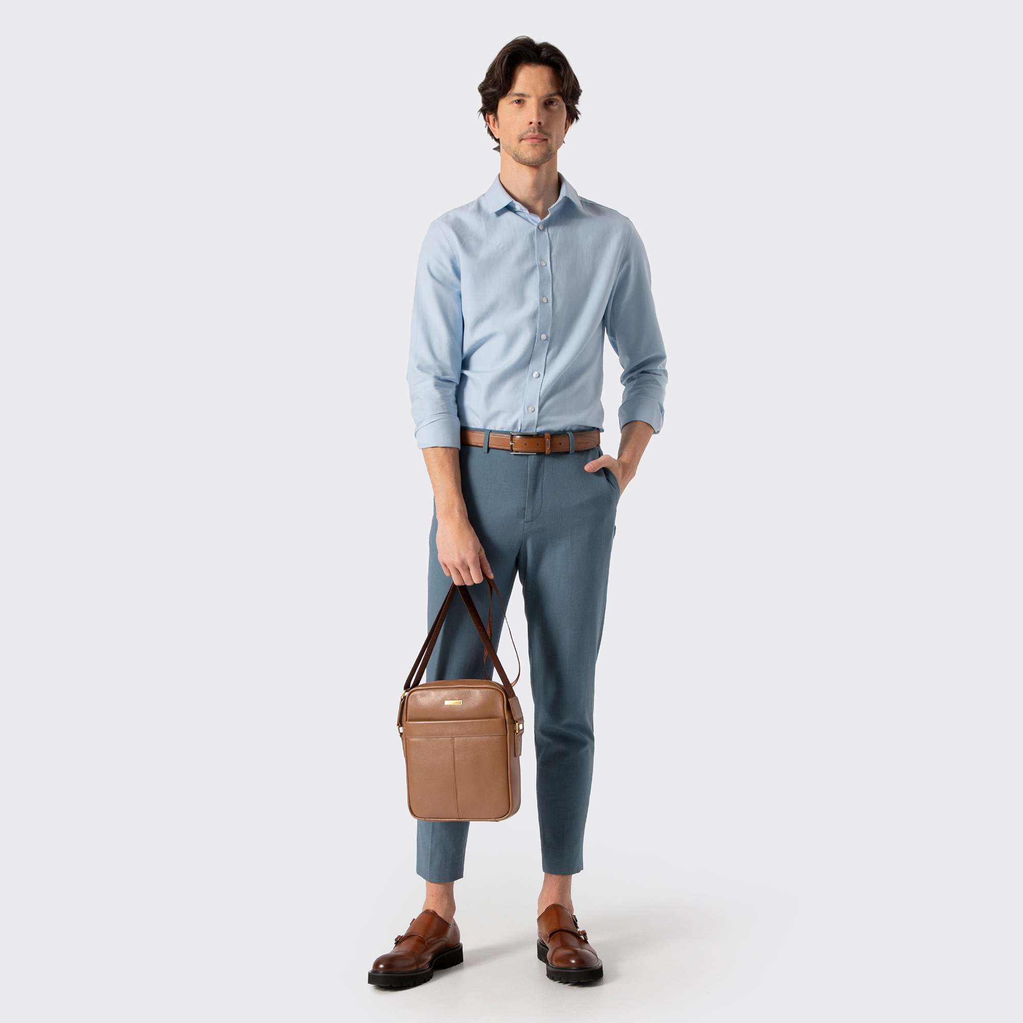 Malá pánska kožená crossbody taška s prešívaním svetlohnedá 102-4U-605-5, Vyberte variant svetlohnedá