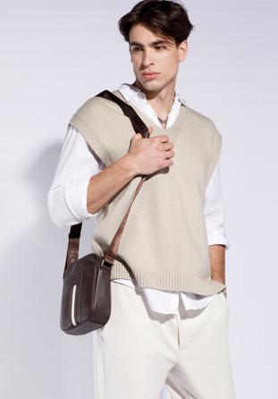 Men's small messenger bag with striped detail, dark brown, 95-4U-100-4, Photo 1